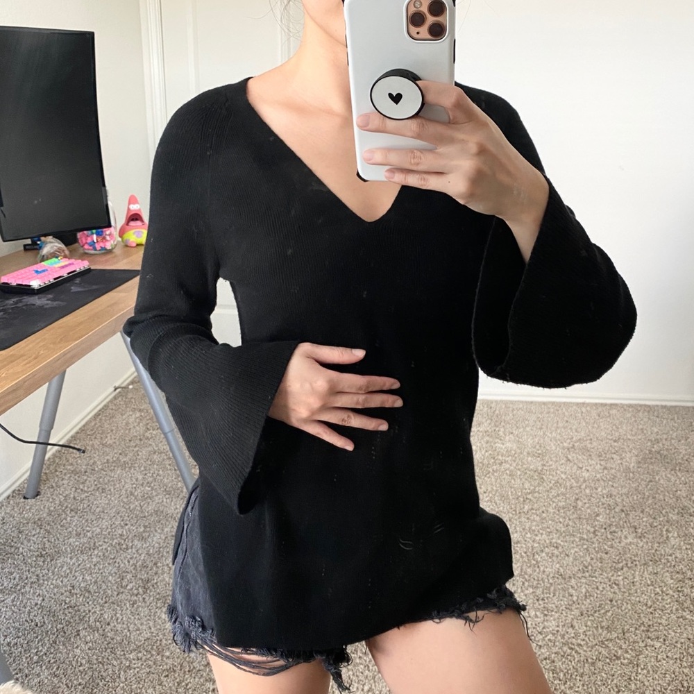 J. Crew Molly Black Bell Sleeve V-Neck Sweater
